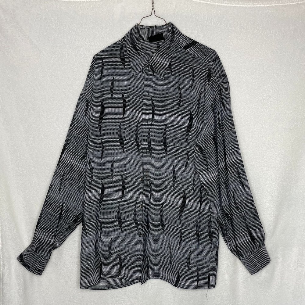 Grey &  Black Button-Down Dress Shirt w/ Wavy Accent Pattern